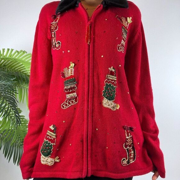 Vintage 90s Red Holiday Grandma Ugly Christmas Sweater Oversized Jacket / Small - Picture 4 of 7